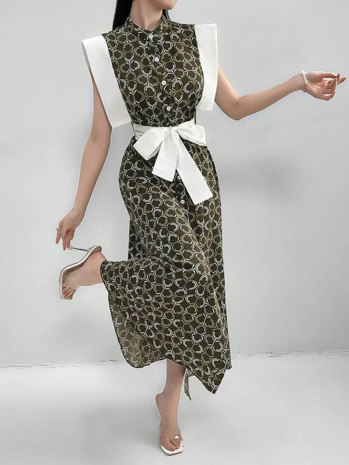 CM-DS906166 Women Casual Seoul Style Stand Collar Sleeveless Geometric Printed Patchwork A-Line Dress