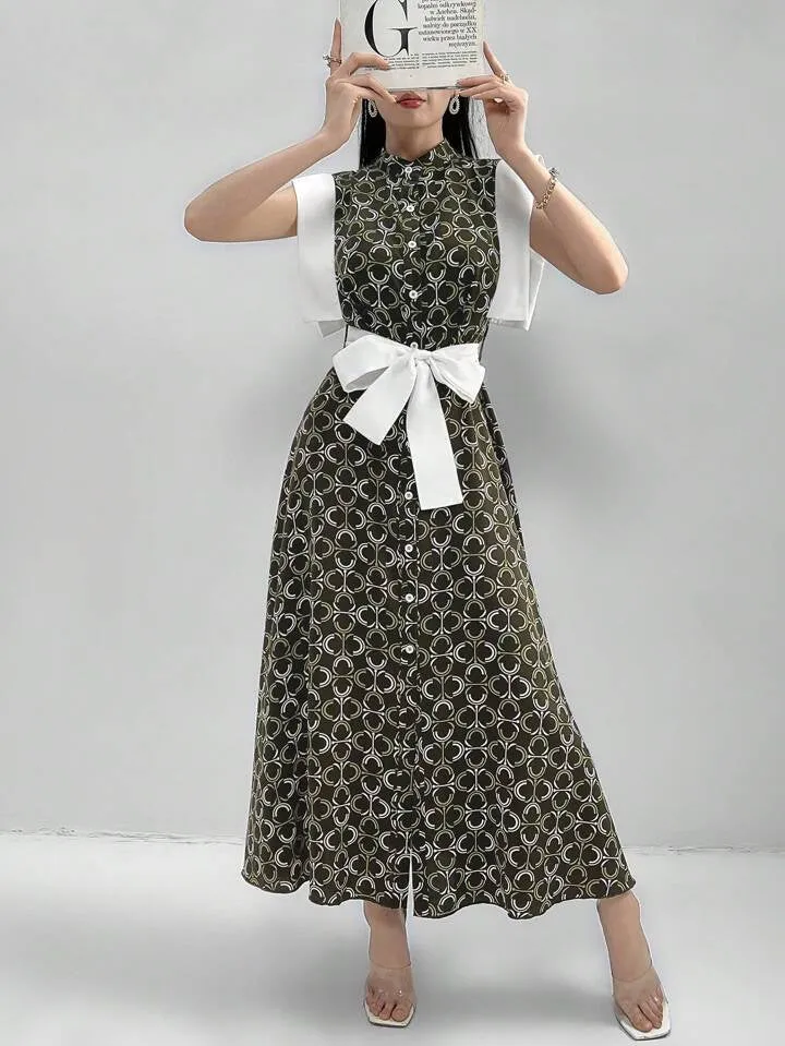 CM-DS906166 Women Casual Seoul Style Stand Collar Sleeveless Geometric Printed Patchwork A-Line Dress