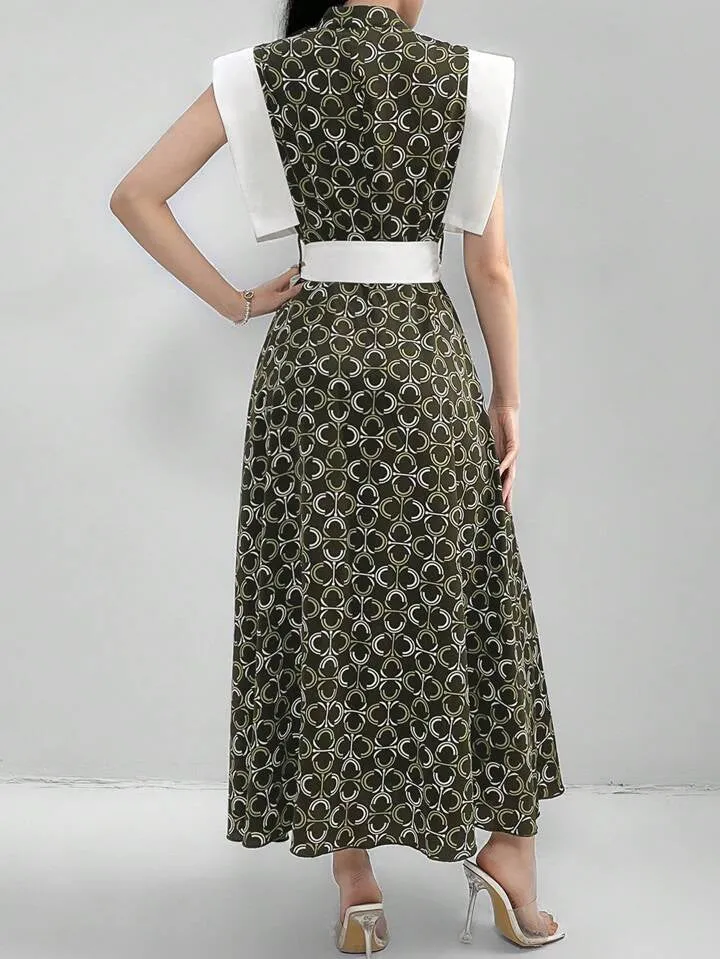 CM-DS906166 Women Casual Seoul Style Stand Collar Sleeveless Geometric Printed Patchwork A-Line Dress