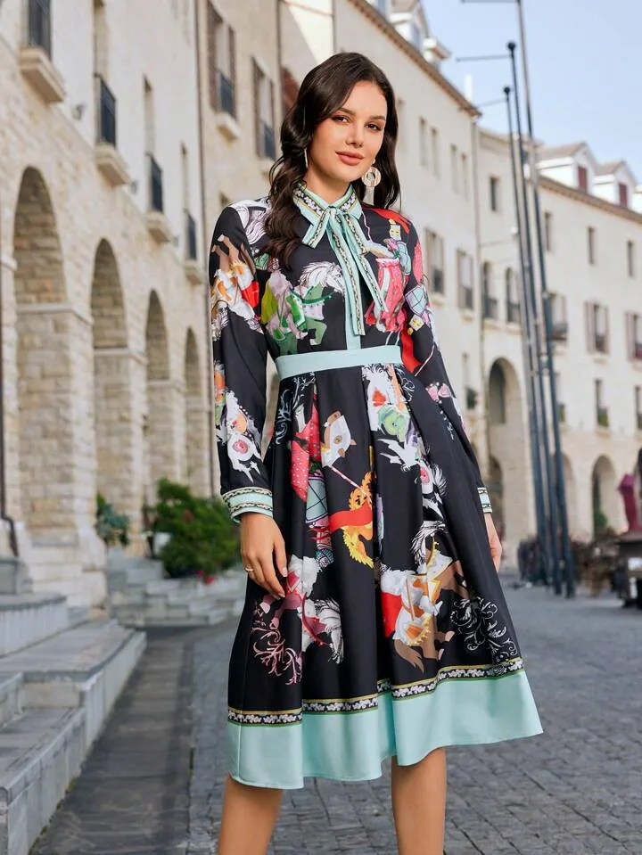 CM-DS914264 Women Elegant Seoul Style Tie Neck Floral Printed Long Sleeve Dress