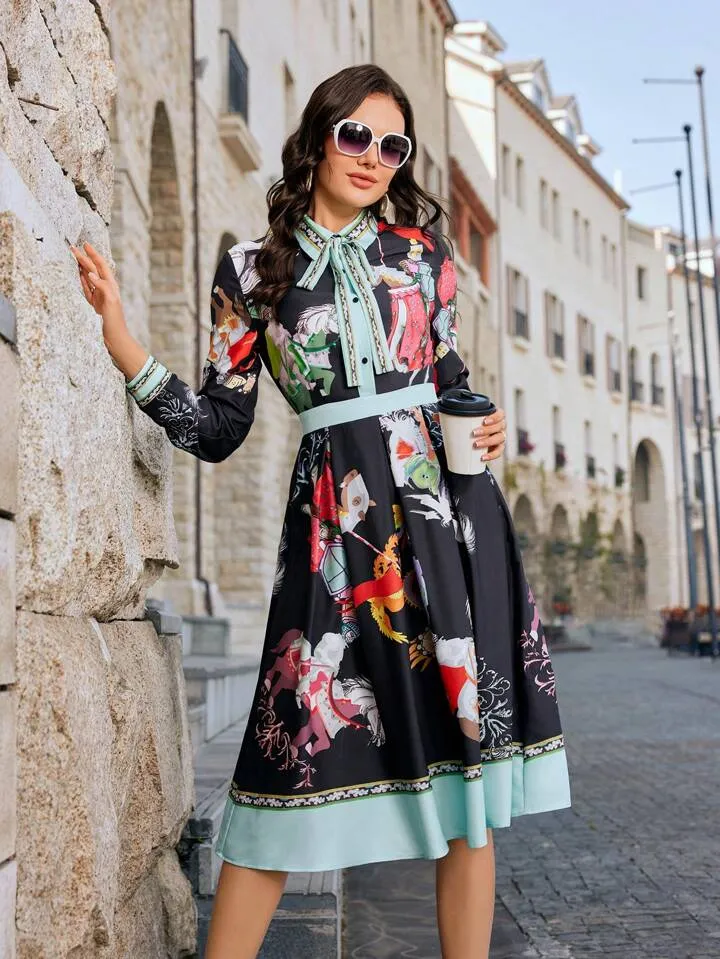 CM-DS914264 Women Elegant Seoul Style Tie Neck Floral Printed Long Sleeve Dress