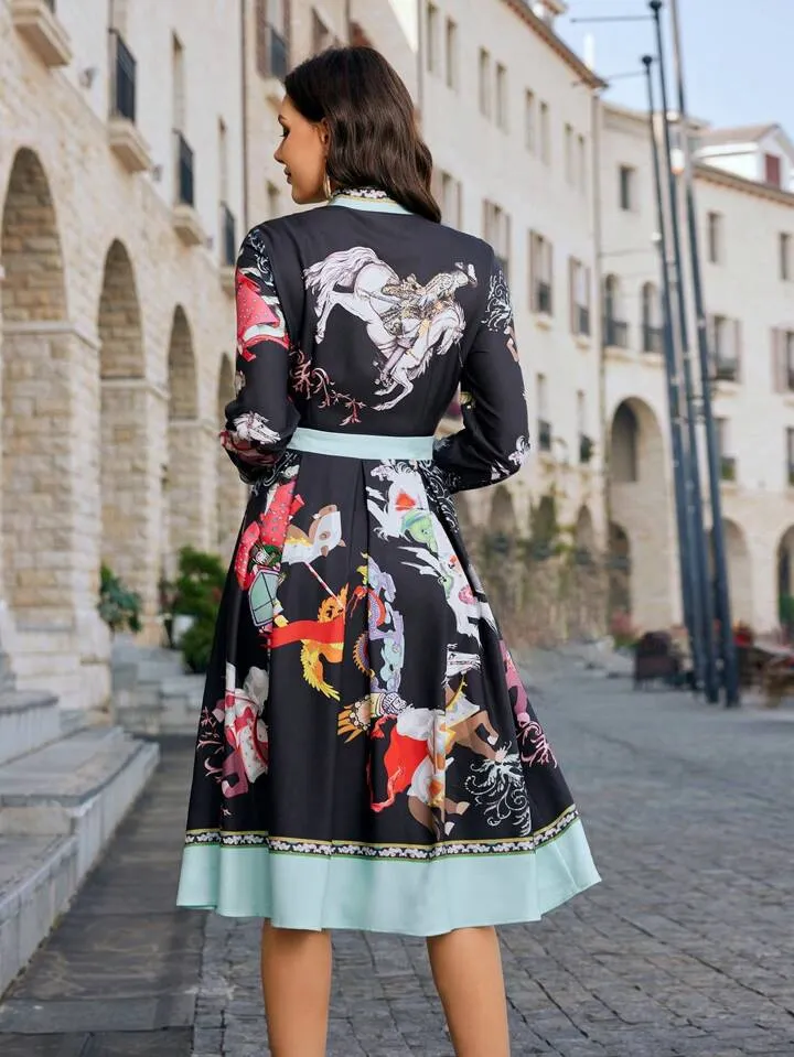 CM-DS914264 Women Elegant Seoul Style Tie Neck Floral Printed Long Sleeve Dress