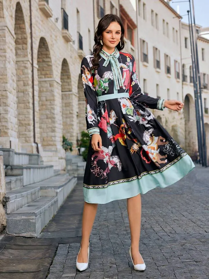CM-DS914264 Women Elegant Seoul Style Tie Neck Floral Printed Long Sleeve Dress