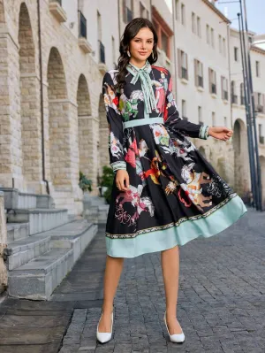 CM-DS914264 Women Elegant Seoul Style Tie Neck Floral Printed Long Sleeve Dress