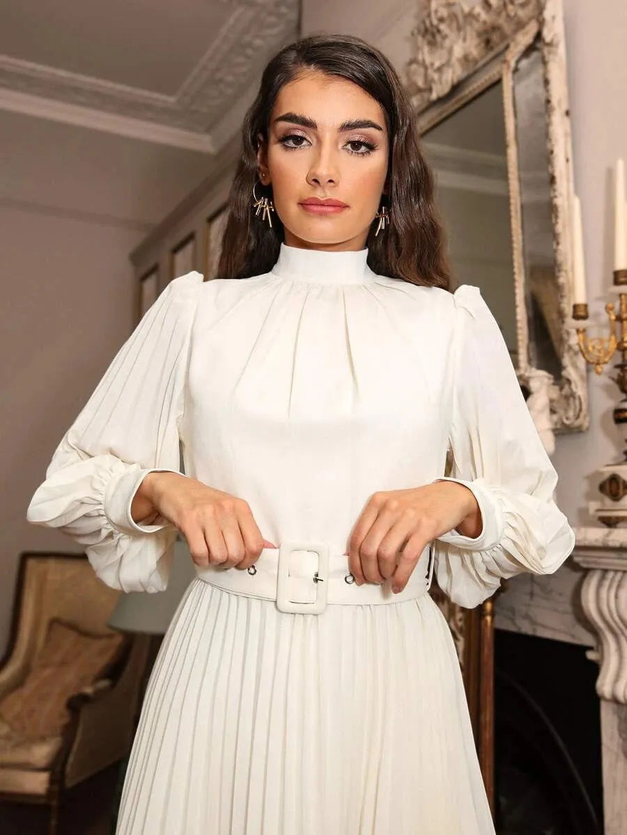 CM-DS923404 Women Elegant Seoul Style Mock-Neck Self Buckle Belted Pleated Dress - White