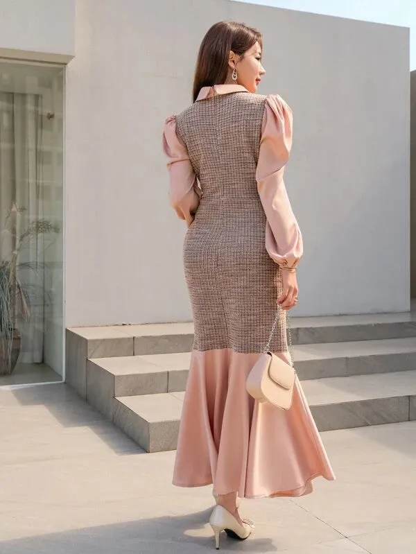 CM-DS990210 Women Elegant Seoul Style Plaid Puff Sleeve Mermaid Hem Dress - Baby Pink