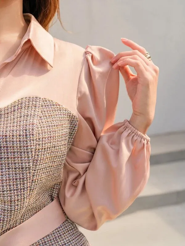 CM-DS990210 Women Elegant Seoul Style Plaid Puff Sleeve Mermaid Hem Dress - Baby Pink