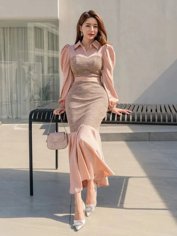 CM-DS990210 Women Elegant Seoul Style Plaid Puff Sleeve Mermaid Hem Dress - Baby Pink