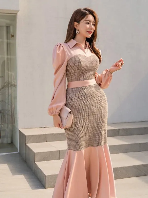 CM-DS990210 Women Elegant Seoul Style Plaid Puff Sleeve Mermaid Hem Dress - Baby Pink