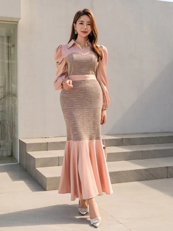 CM-DS990210 Women Elegant Seoul Style Plaid Puff Sleeve Mermaid Hem Dress - Baby Pink
