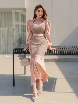 CM-DS990210 Women Elegant Seoul Style Plaid Puff Sleeve Mermaid Hem Dress - Baby Pink