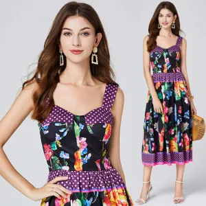 CM-DY011078 Women Trendy Bohemian Style Floral Print Sleeveless High Waist Midi Dress