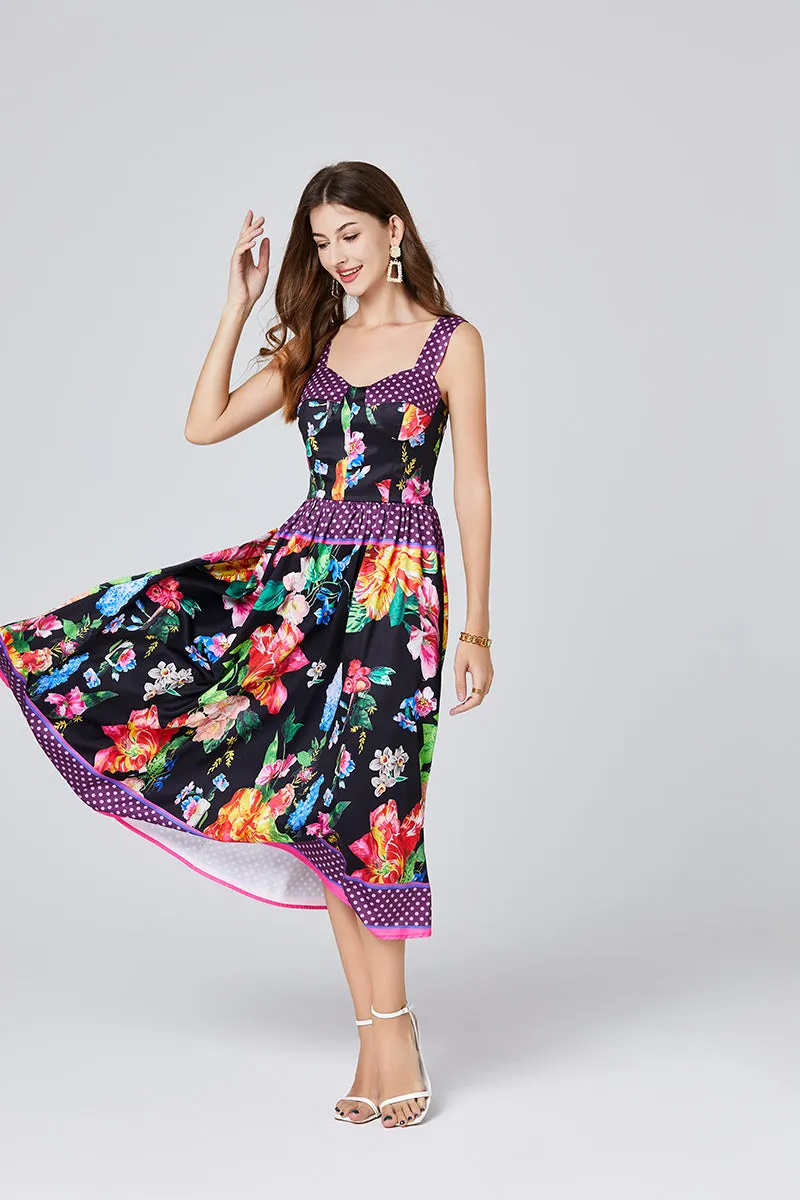 CM-DY011078 Women Trendy Bohemian Style Floral Print Sleeveless High Waist Midi Dress