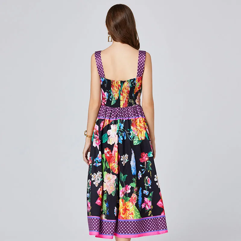 CM-DY011078 Women Trendy Bohemian Style Floral Print Sleeveless High Waist Midi Dress