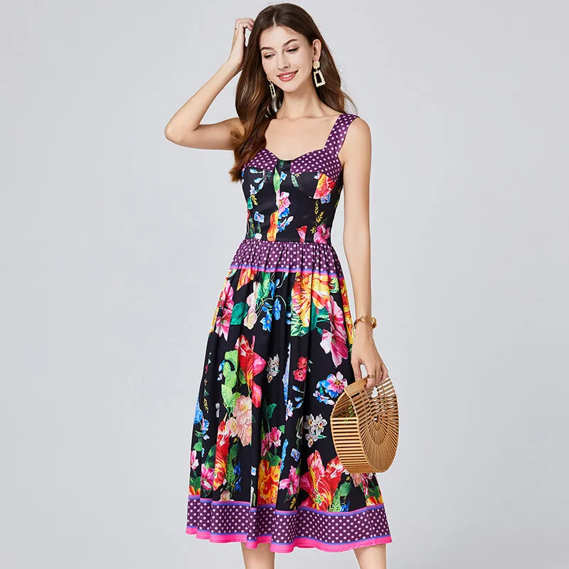 CM-DY011078 Women Trendy Bohemian Style Floral Print Sleeveless High Waist Midi Dress