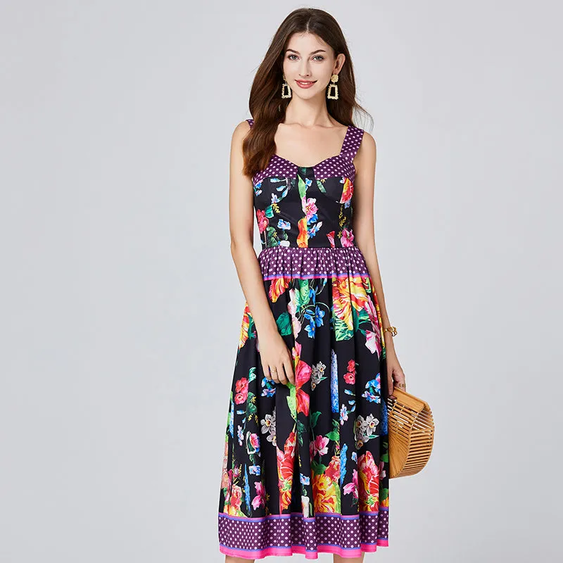 CM-DY011078 Women Trendy Bohemian Style Floral Print Sleeveless High Waist Midi Dress