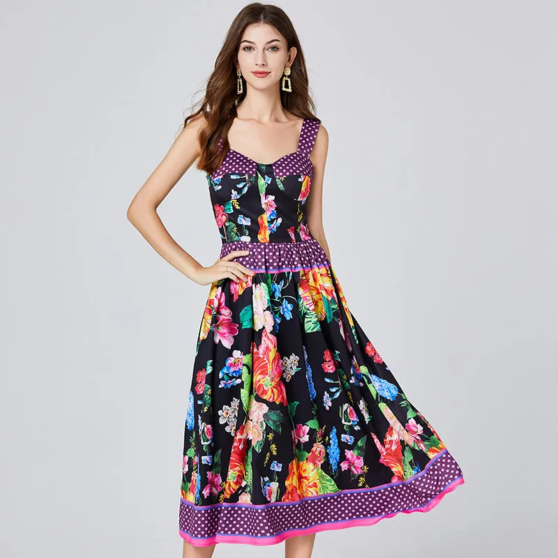 CM-DY011078 Women Trendy Bohemian Style Floral Print Sleeveless High Waist Midi Dress