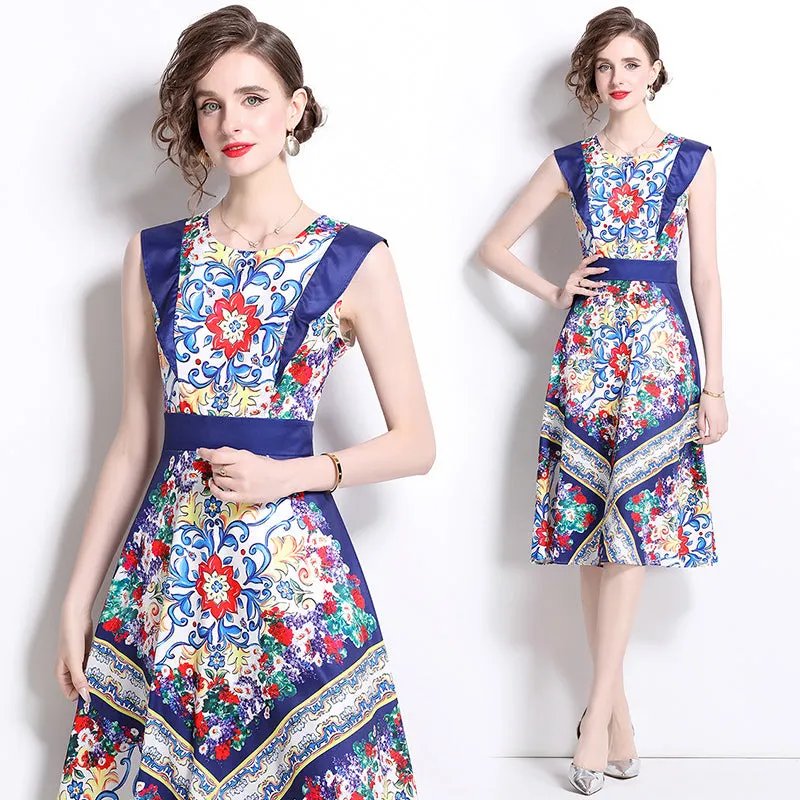 CM-DY020334 Women Elegant European Style Round Neck Sleeveless Pinched Waist A-Line Dress