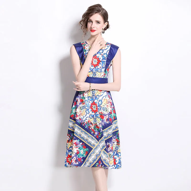 CM-DY020334 Women Elegant European Style Round Neck Sleeveless Pinched Waist A-Line Dress
