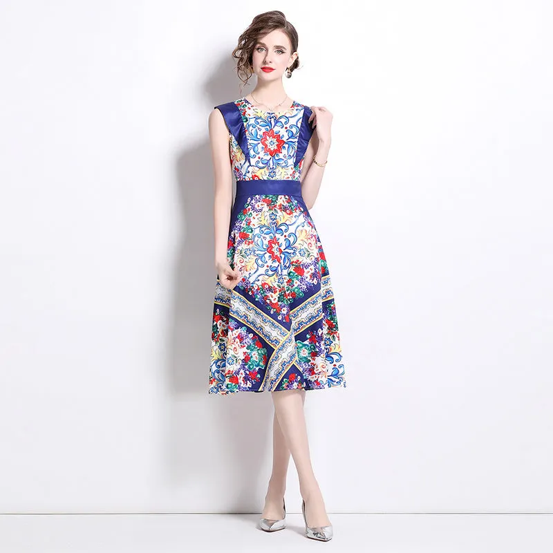 CM-DY020334 Women Elegant European Style Round Neck Sleeveless Pinched Waist A-Line Dress