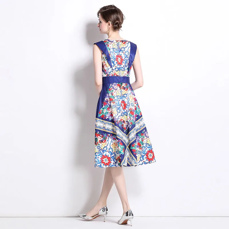 CM-DY020334 Women Elegant European Style Round Neck Sleeveless Pinched Waist A-Line Dress