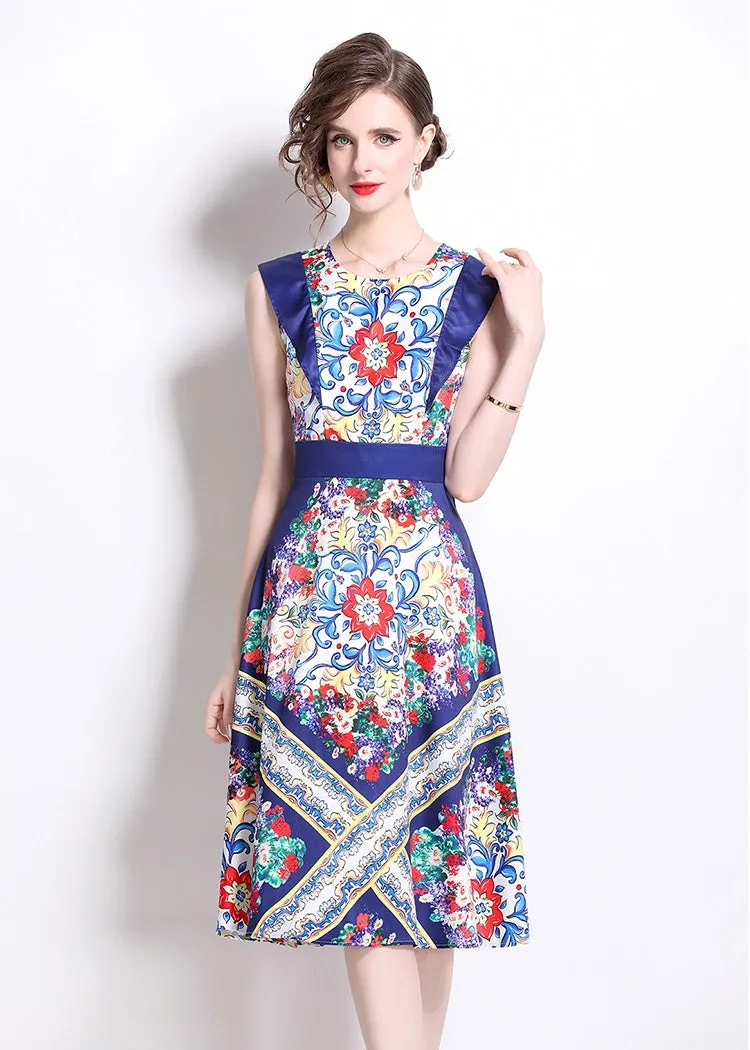 CM-DY020334 Women Elegant European Style Round Neck Sleeveless Pinched Waist A-Line Dress