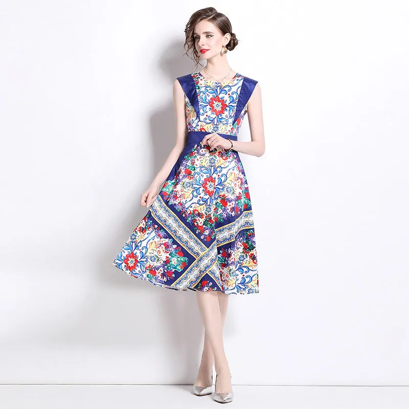 CM-DY020334 Women Elegant European Style Round Neck Sleeveless Pinched Waist A-Line Dress