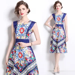 CM-DY020334 Women Elegant European Style Round Neck Sleeveless Pinched Waist A-Line Dress
