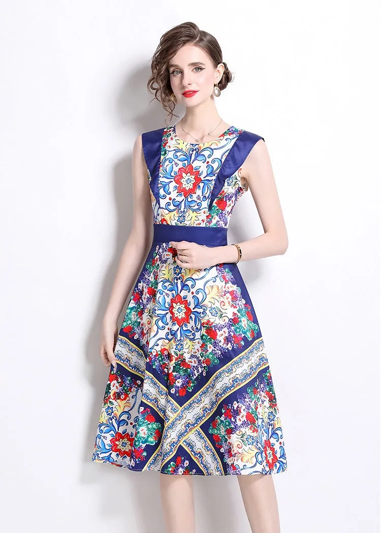 CM-DY020334 Women Elegant European Style Round Neck Sleeveless Pinched Waist A-Line Dress