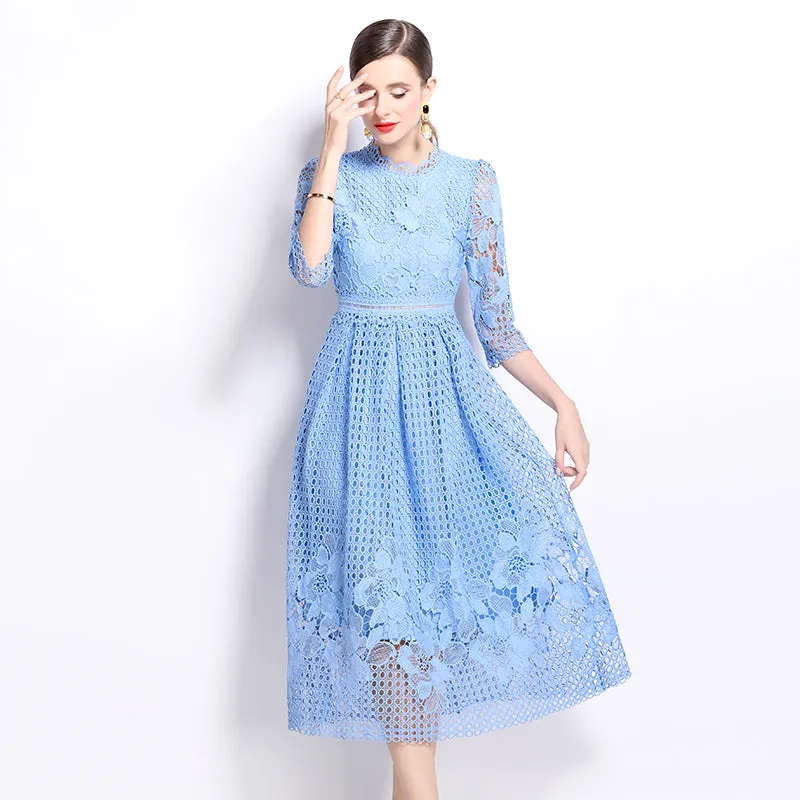 CM-DY022934 Women Elegant European Style Lace Long Sleeve Printing Slim Hollow Dress