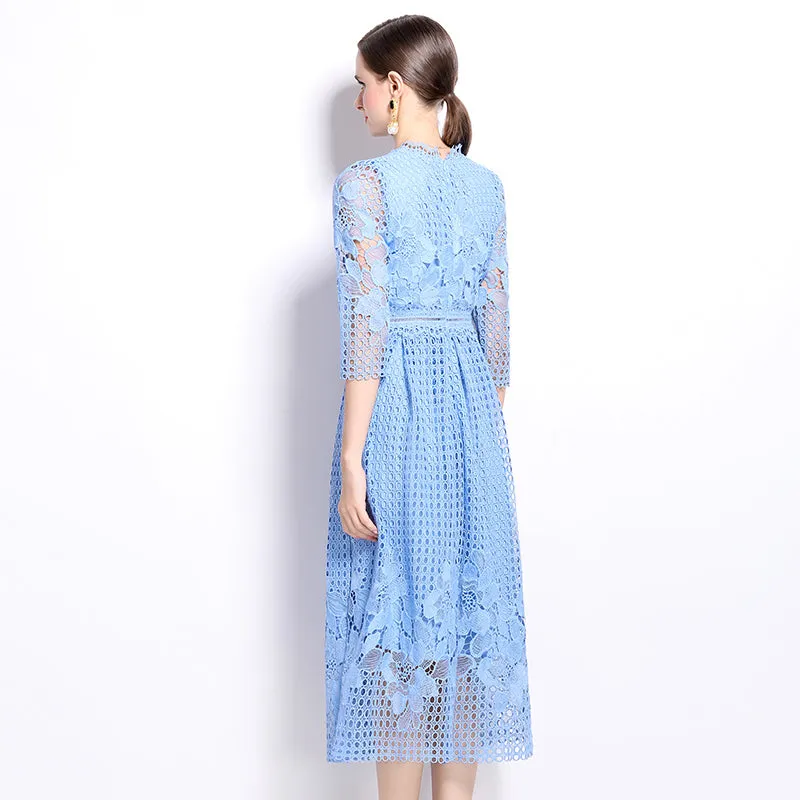 CM-DY022934 Women Elegant European Style Lace Long Sleeve Printing Slim Hollow Dress