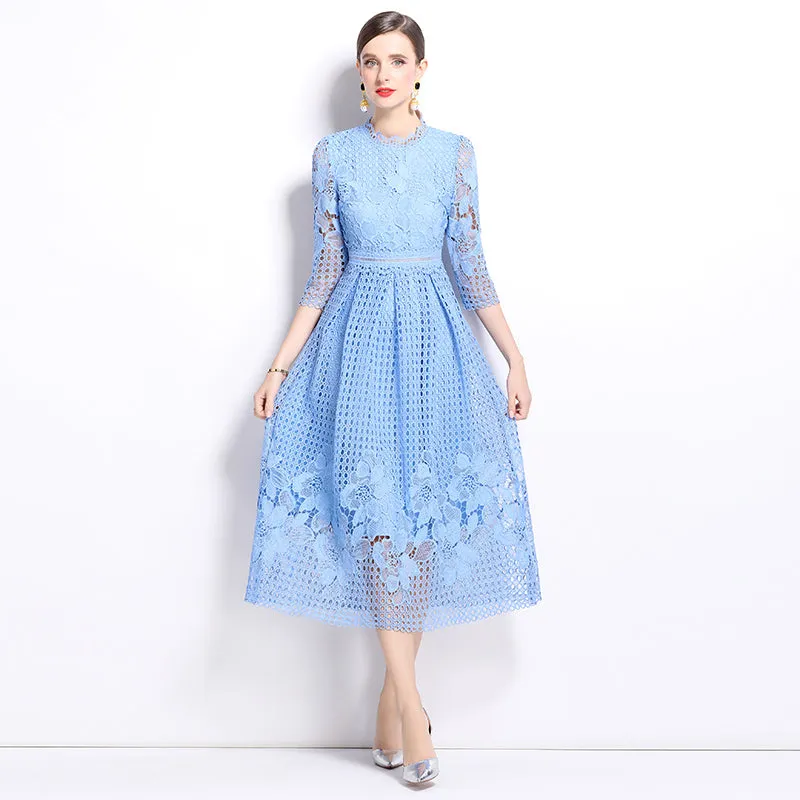 CM-DY022934 Women Elegant European Style Lace Long Sleeve Printing Slim Hollow Dress