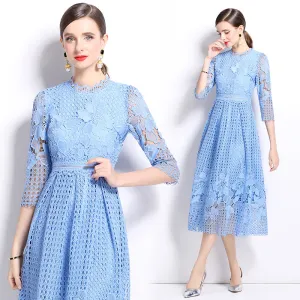 CM-DY022934 Women Elegant European Style Lace Long Sleeve Printing Slim Hollow Dress