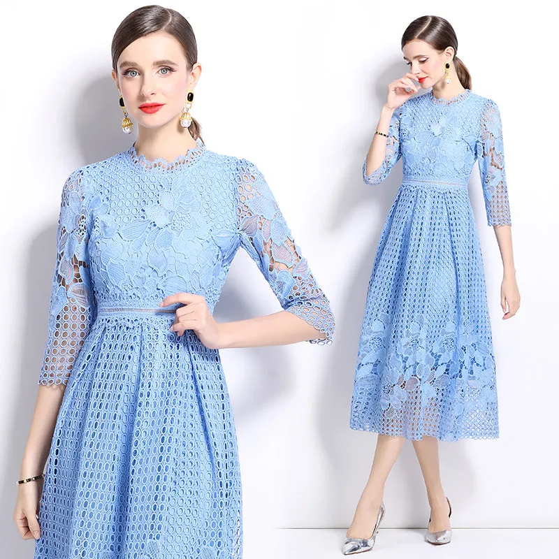 CM-DY022934 Women Elegant European Style Lace Long Sleeve Printing Slim Hollow Dress