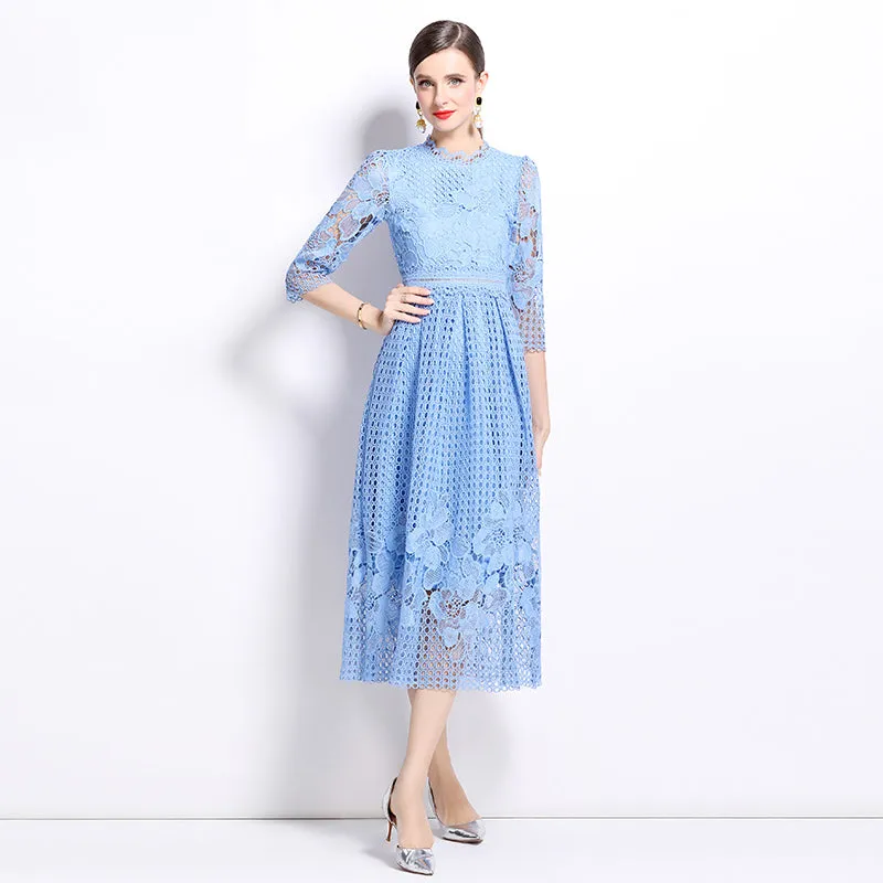 CM-DY022934 Women Elegant European Style Lace Long Sleeve Printing Slim Hollow Dress