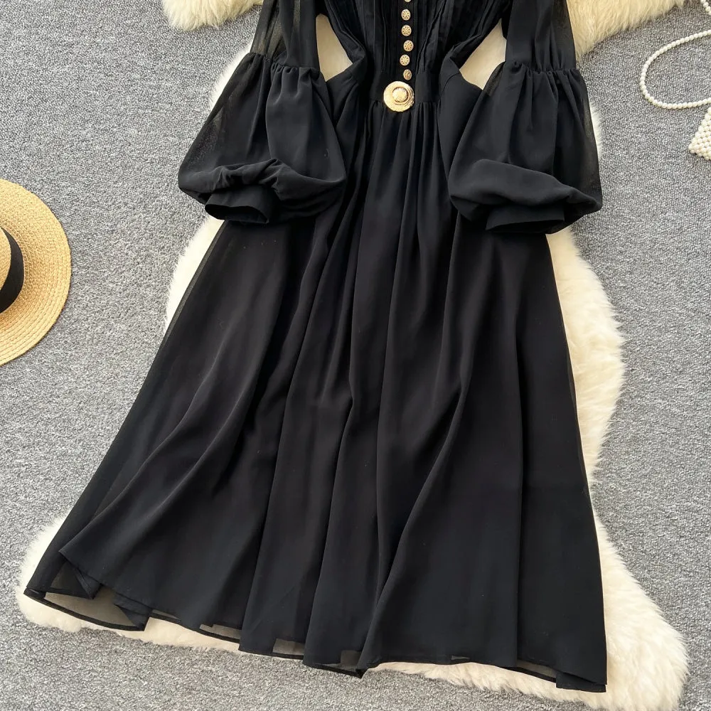 CM-DY035210 Women Elegant European Style Round Neck Lantern Sleeve Slim Maxi Dress - Black