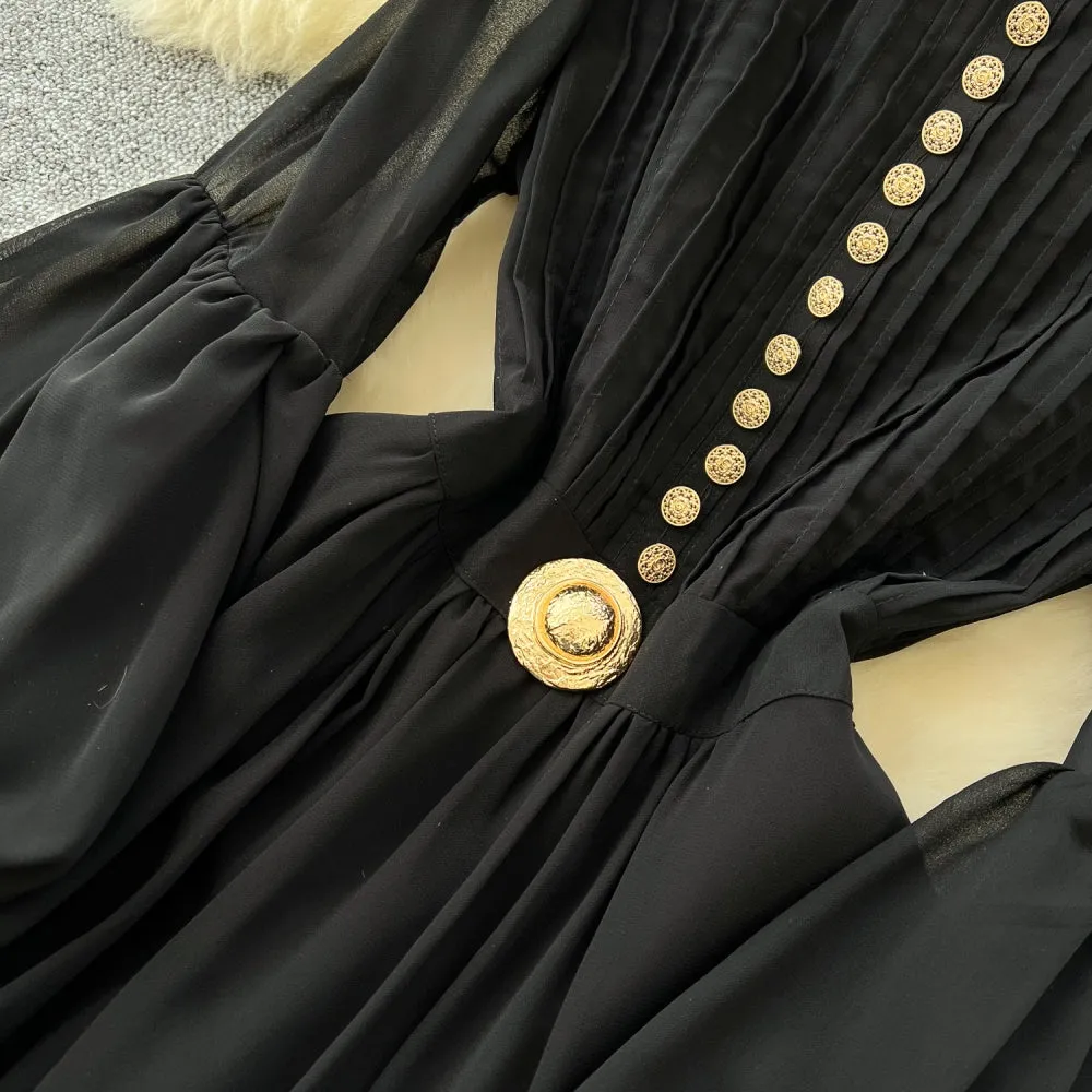 CM-DY035210 Women Elegant European Style Round Neck Lantern Sleeve Slim Maxi Dress - Black