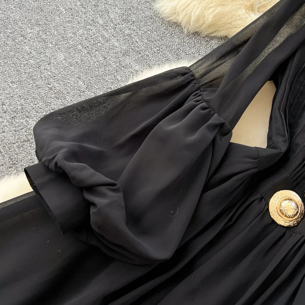 CM-DY035210 Women Elegant European Style Round Neck Lantern Sleeve Slim Maxi Dress - Black