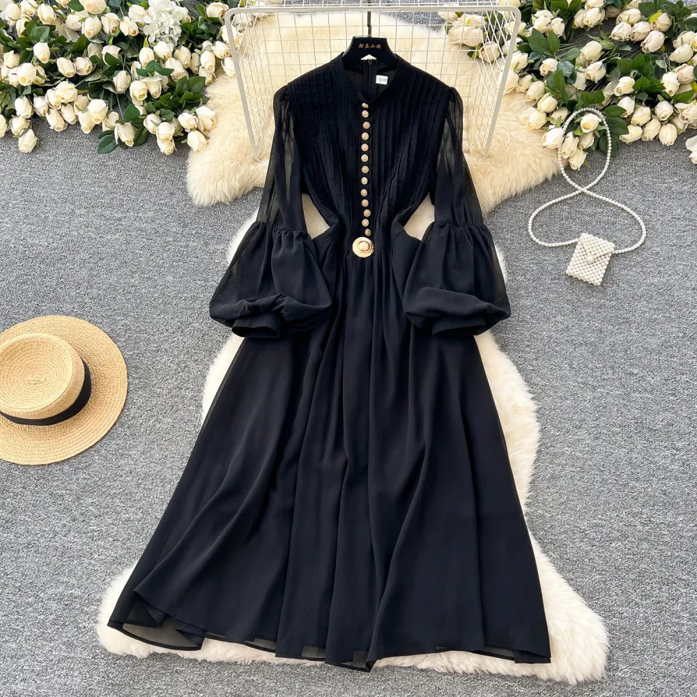 CM-DY035210 Women Elegant European Style Round Neck Lantern Sleeve Slim Maxi Dress - Black