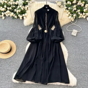 CM-DY035210 Women Elegant European Style Round Neck Lantern Sleeve Slim Maxi Dress - Black