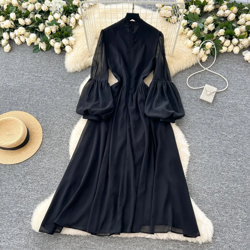 CM-DY035210 Women Elegant European Style Round Neck Lantern Sleeve Slim Maxi Dress - Black