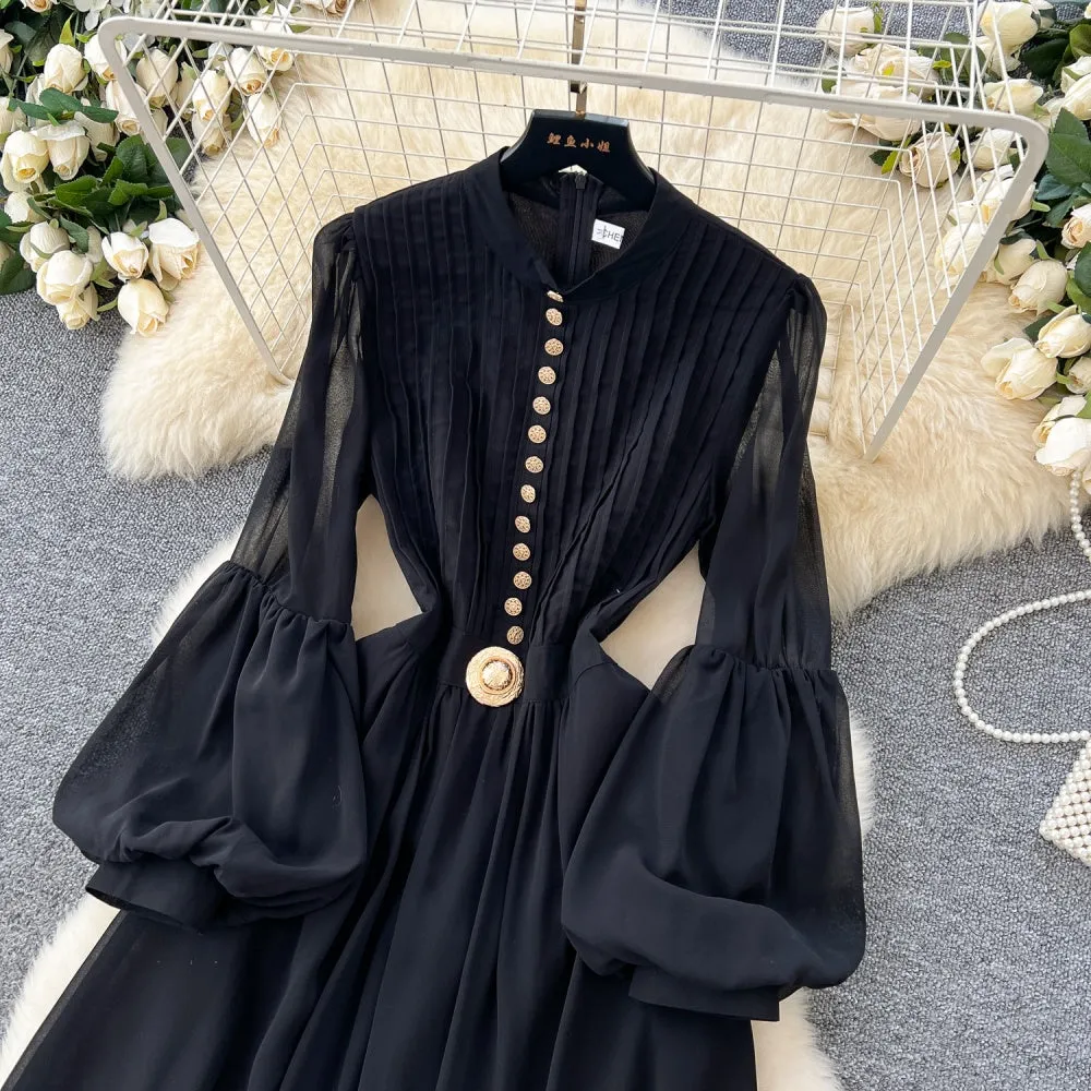 CM-DY035210 Women Elegant European Style Round Neck Lantern Sleeve Slim Maxi Dress - Black