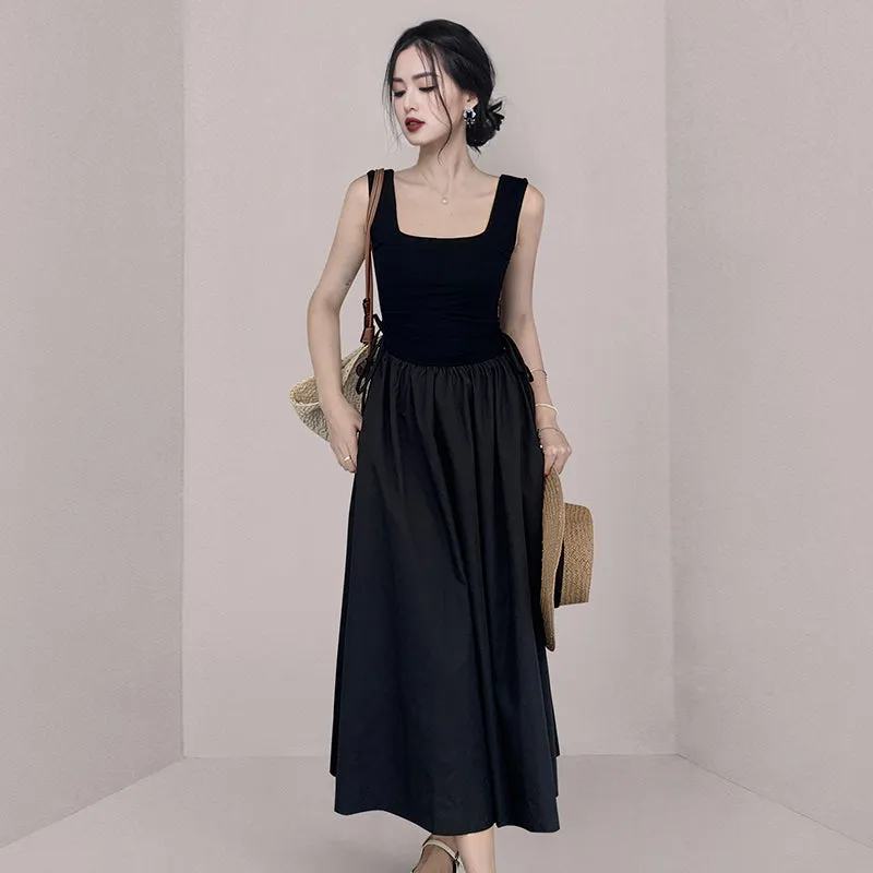 CM-DY062614 Women Casual European Style Square Collar Splice Knitted Long Dress (Available in 3 colors)