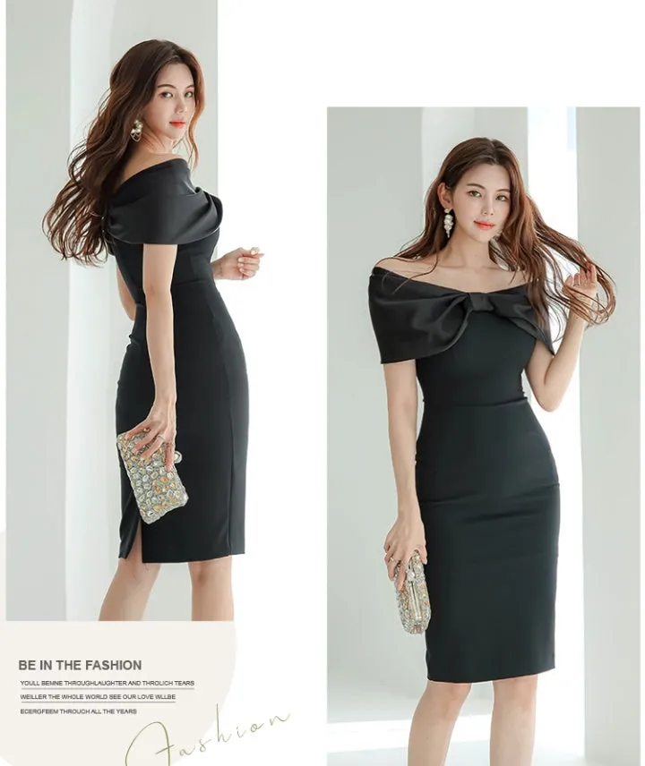 CM-DY065743 Women Elegant Seoul Style Bow Off The Shoulder Pinched Waist Midi Dress