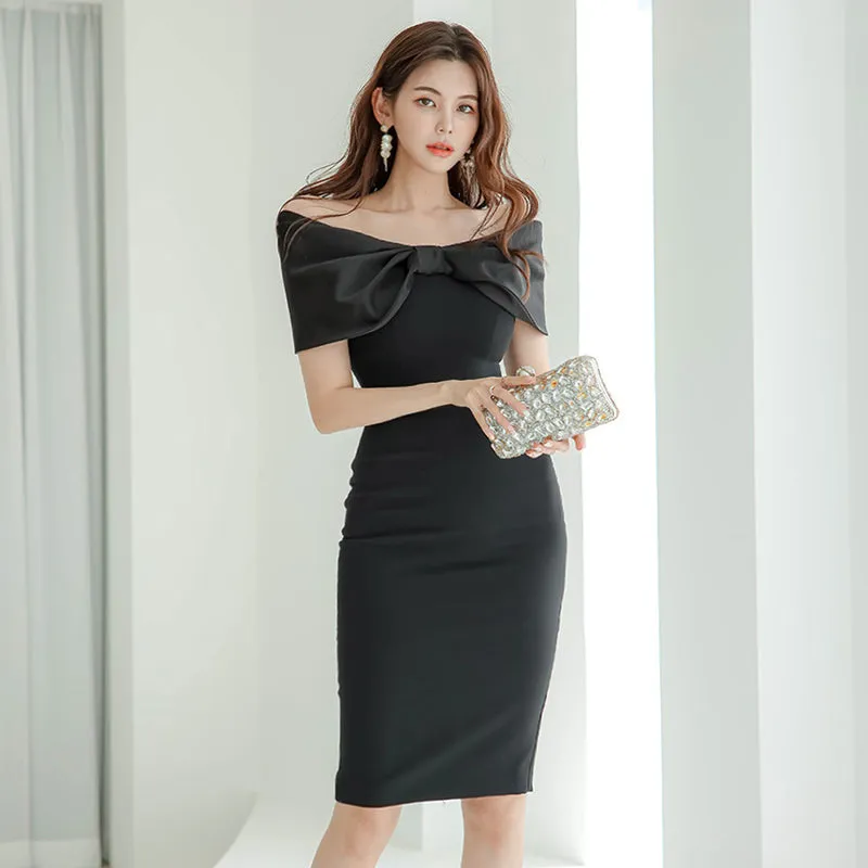 CM-DY065743 Women Elegant Seoul Style Bow Off The Shoulder Pinched Waist Midi Dress