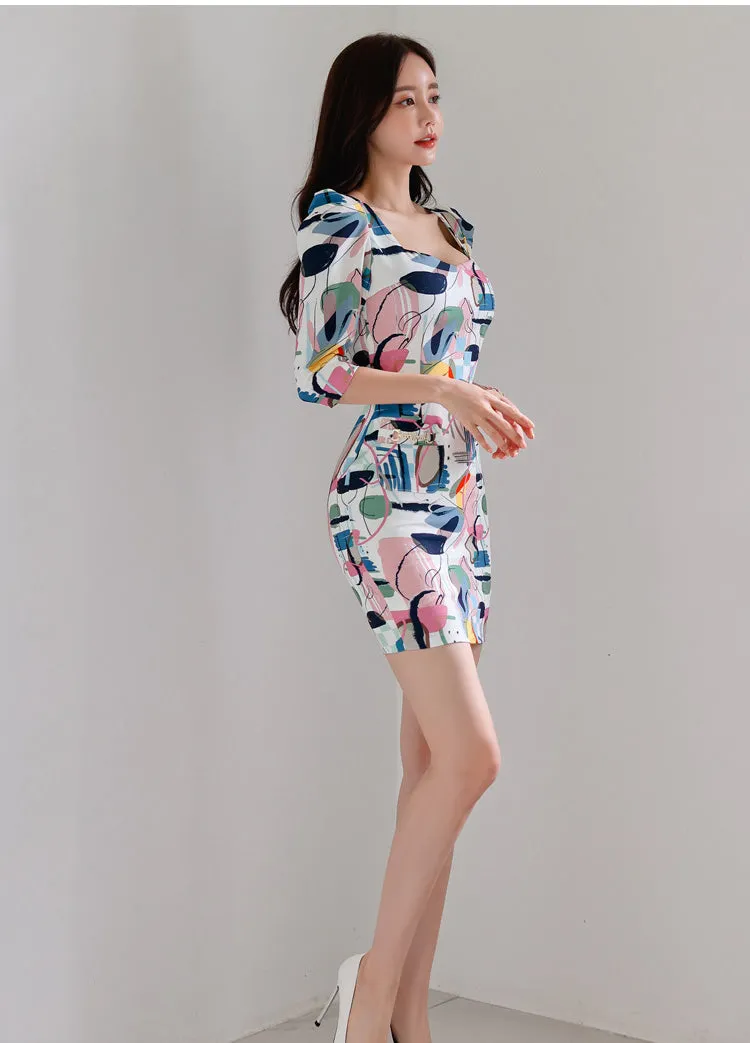 CM-DY082153 Women Casual Seoul Style Square Collar 3/4 Sleeve Mini Dress