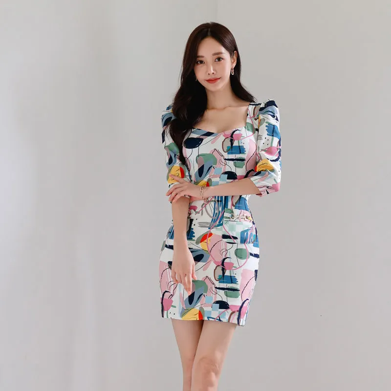 CM-DY082153 Women Casual Seoul Style Square Collar 3/4 Sleeve Mini Dress
