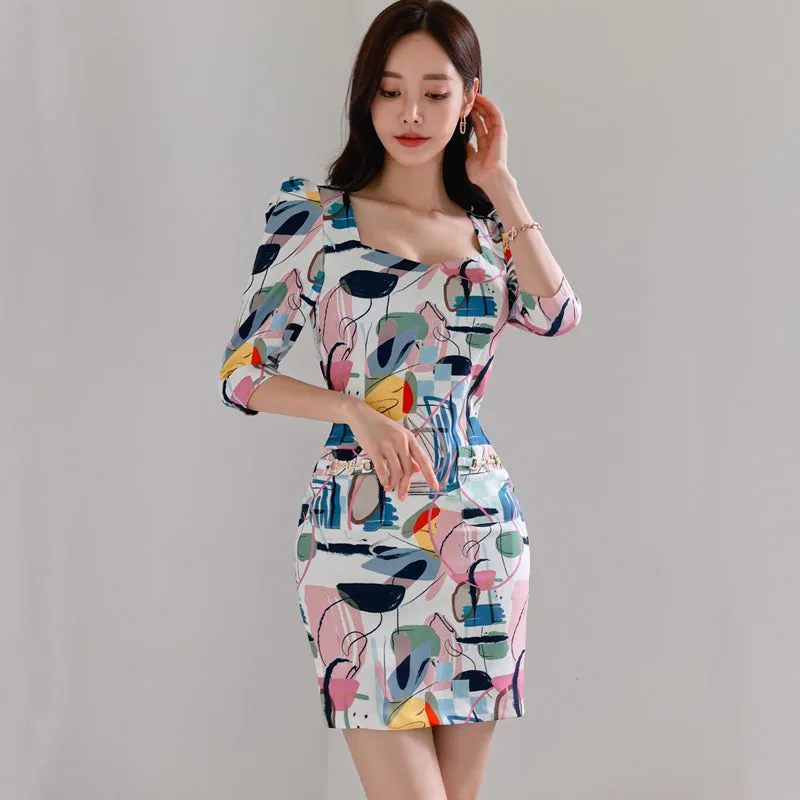CM-DY082153 Women Casual Seoul Style Square Collar 3/4 Sleeve Mini Dress
