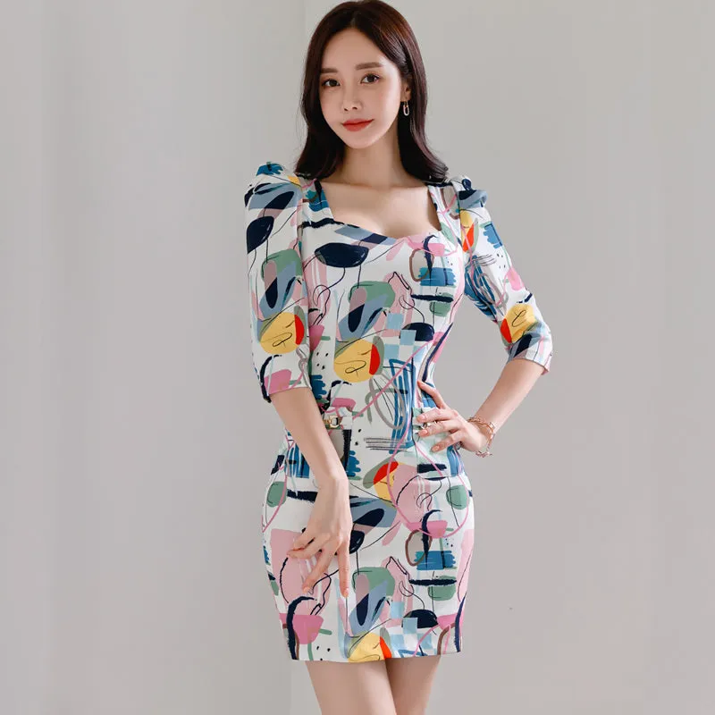 CM-DY082153 Women Casual Seoul Style Square Collar 3/4 Sleeve Mini Dress
