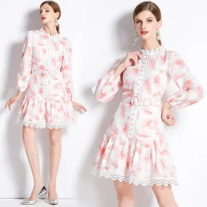 CM-DY082162 Women Retro European Style Pinched Waist Hollow A-Line Mini Dress